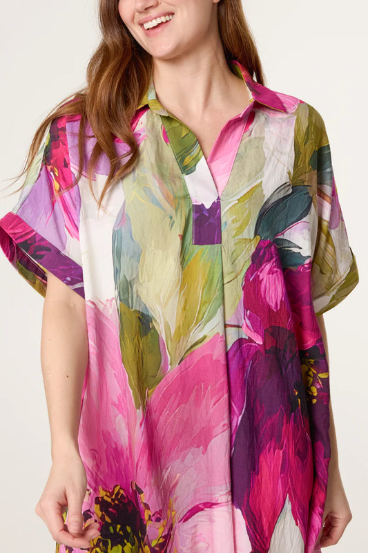 Pre-Order | Watercolour Flower Open Collar Tunic Dress