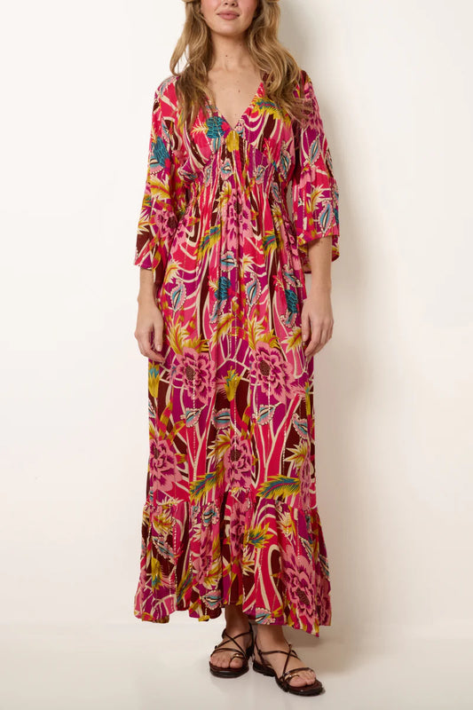 V-Neck Metallic Detail Bright Floral Dress | Pink