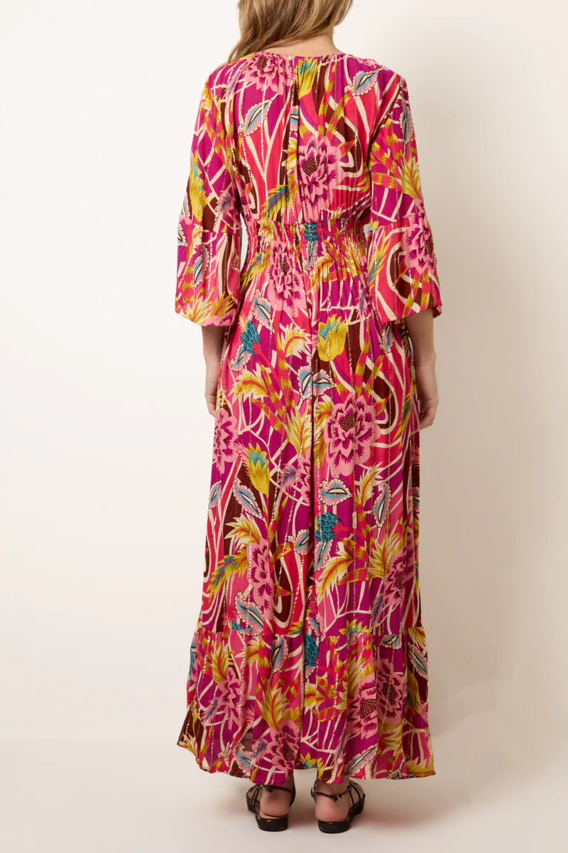 V-Neck Metallic Detail Bright Floral Dress | Pink