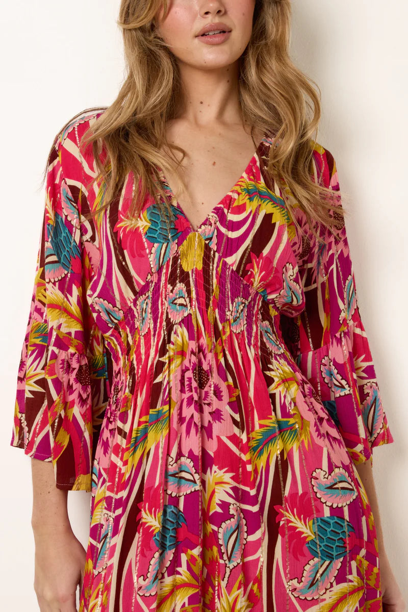 V-Neck Metallic Detail Bright Floral Dress | Pink