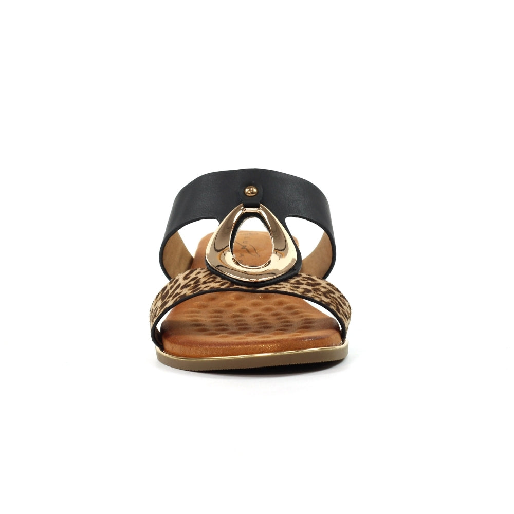 Black sandal with a gold buckle and leopard print strap on a white background
