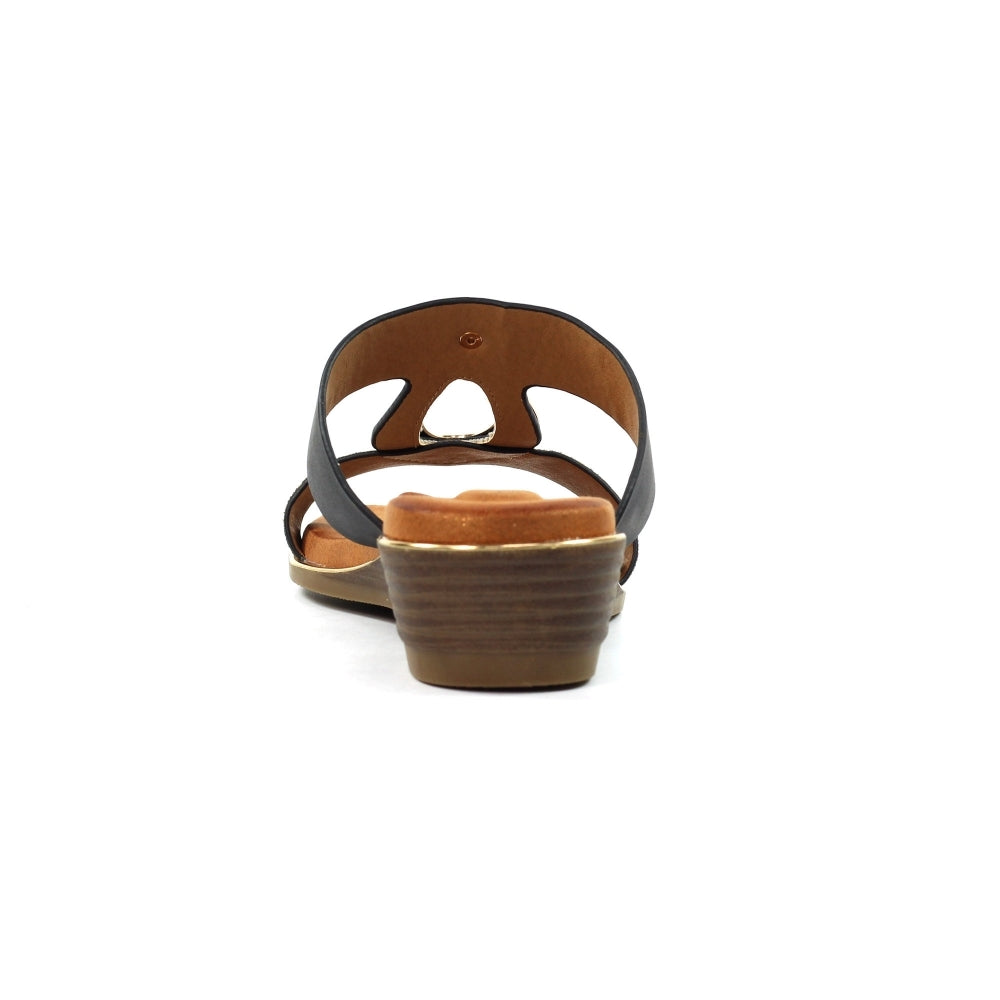 Brown sandal with a black strap on a white background