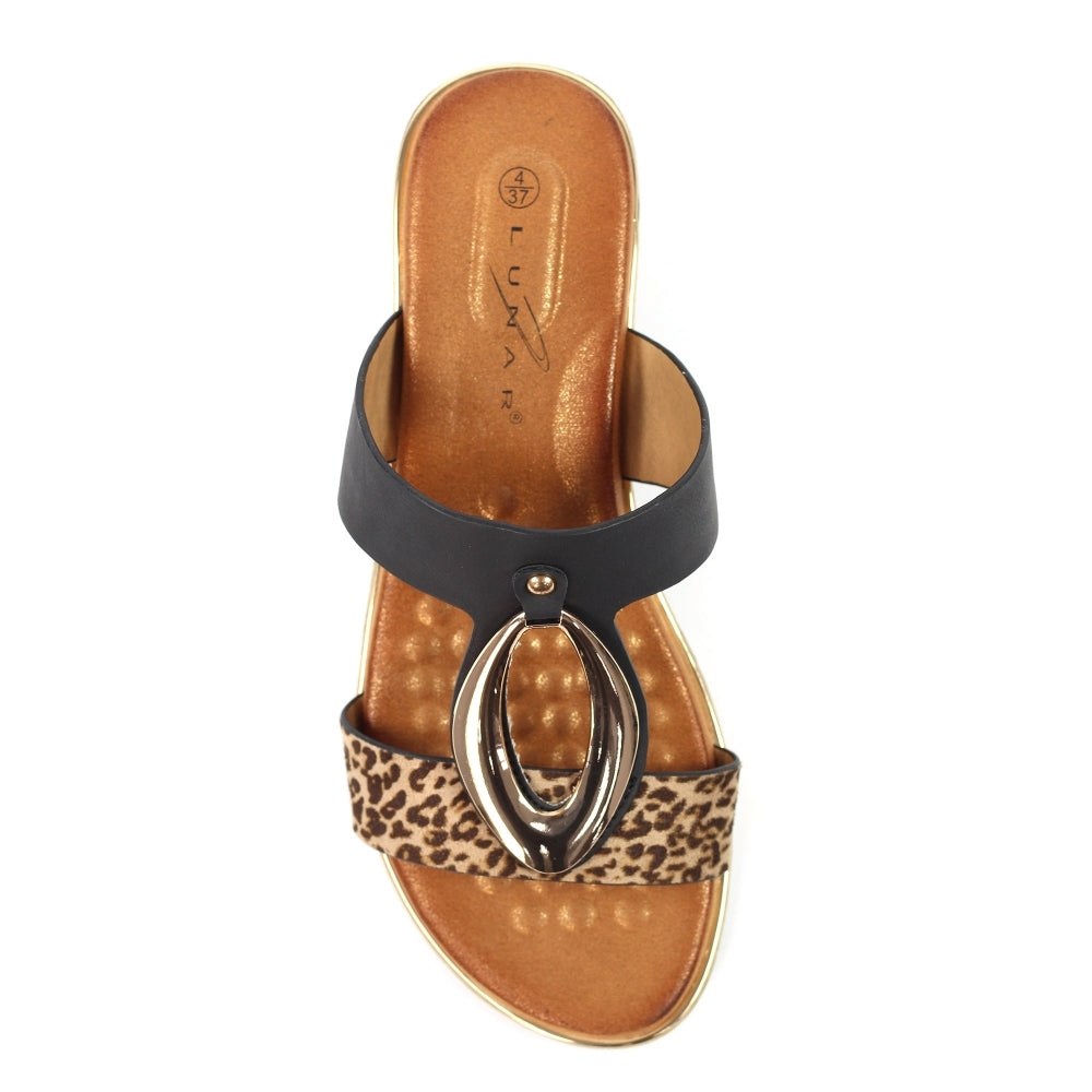 Leopard print sandal with black strap on a white background